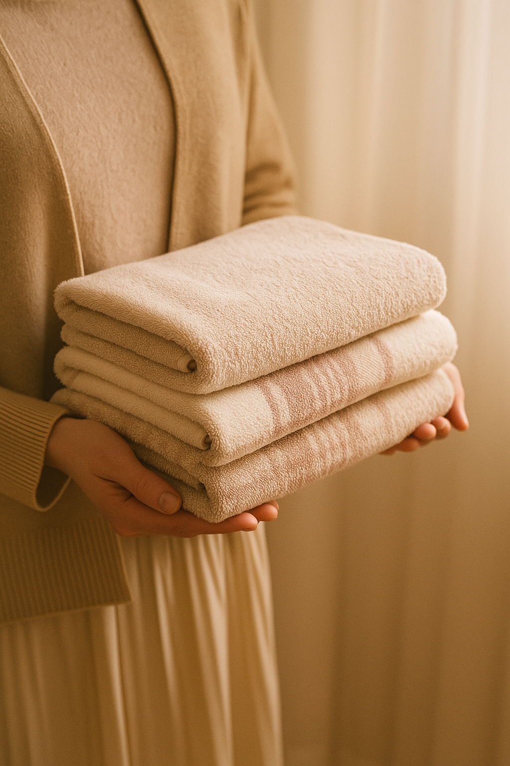 Person holding neatly folded towels in a soft-lit room